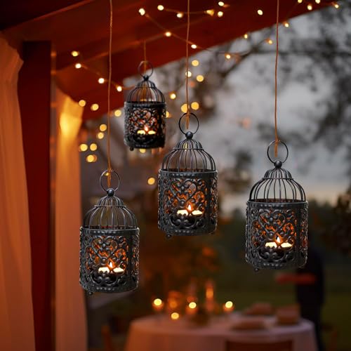 JHY DESIGN 6 Pcs 5.5 inch Height Small Metal Candle Stick Holder Hanging Birdcage Tealight Lantern Hollow Candle Holders for Table Valentine Patio Indoor Outdoor Gifts(Black) - color: Black