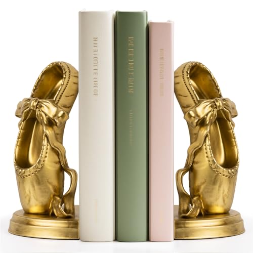 Bookends for Shelves, Ballet Slipper Decorative Bookends - Book Ends with Anti-Slip Pad for Book Lovers Dancers Heavy Book Holder for Home Office Decor (Gold) - color: Gold