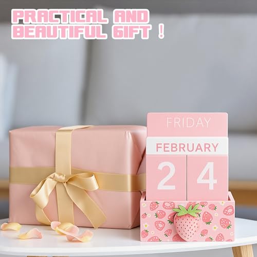 AceOrbit Pink Strawberry Wood Block Perpetual Calendar Coquettish Desk Decor Cute Month Week Date Display Decorative Block Calendar for Women Office Home Desk Gift for Women - style: Pink Strawberry