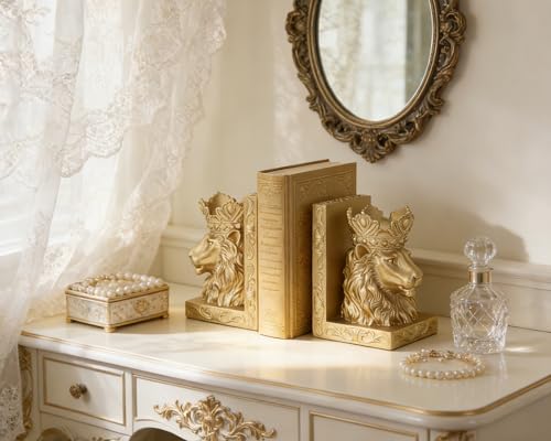 Lion Head Bookends with Regal Gold Design, Solid Resin for Heavy Duty Book Support, Non-Slip Pads for Stability, Gift for Lion Enthusiasts Collectors - color: Gold