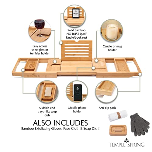 Temple Spring Bamboo Bathtub Tray Caddy for Tub — Expandable Wood Bath Tray with Solid Book Stand Wine Holder and Non-Slip Pads — Includes Bamboo Soap Dish and Spa Accessories — Luxury Bath Gift Set - color: Natural
