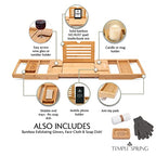 Temple Spring Bamboo Bathtub Tray Caddy for Tub — Expandable Wood Bath Tray with Solid Book Stand Wine Holder and Non-Slip Pads — Includes Bamboo Soap Dish and Spa Accessories — Luxury Bath Gift Set - color: Natural