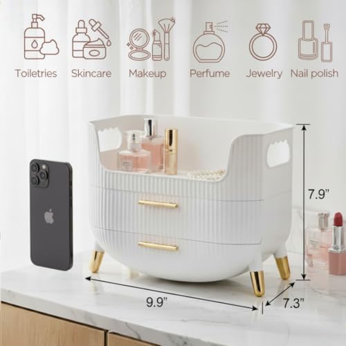 HALAFE Makeup Organizer with Drawers, Skincare Storage Box for Vanity, Multiple Compartments, Portable Cosmetic Display Case with Handle, Large Make up Organizers for Dresser, Bathroom, Bedroom, White - color: White