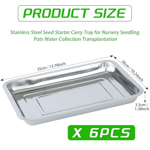 Plant Germination Trays, Stainless Steel Plant Trays Stainless Metal Trays Stainless Steel Seed Starter Carry Trays Nursery Seedling Pots Water Collection Transplantation (6PCS)