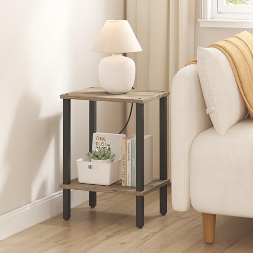 TUTOTAK End Table, Side Table, Nightstand, 2-Tier Storage Shelf, Sofa Side Table for Small Space, Living Room, Bed Room TB01BG034 - color: Greige