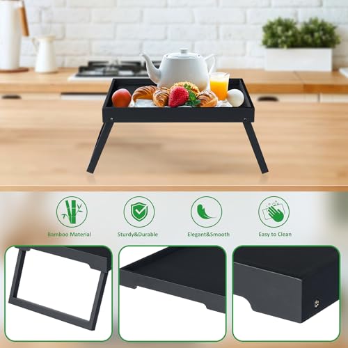 Bamboo Bed Tray Table with Folding Leg, Breakfast in Bed Tray for Eating,Kitchen Serving,Food, Sofa, Snacking or Working, Laptop Desk Dinner(1, Black) - color: Black