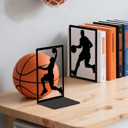 Peacoblue Metal Bookends for Shelves, Modern Decorative Heavy Duty Study Book Ends Stoppers for Office, Desk, Shelf, Room 5.3"x4.3"x7.9" Cast Iron Simple Tall Bookends 1 Pair (Basketball) - style: Basketball