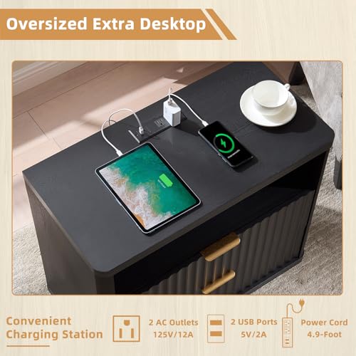 LEYAOYAO 31" Wide Fluted Nightstand with Charging Station, Oversized Extra Large 2 Drawers Night Stand,Black Wood Bedside Table,Tall Bed Side End Tables,Modern Chest of Drawers Dressers for Bedroom - color: Black, size: 2 Drawers