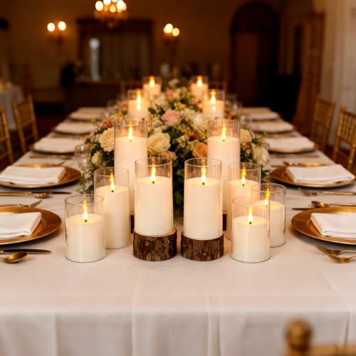 kakoya Flickering Flameless Candles Battery Operated with Remote and 2/4/6/8 H Timer Acrylic Led Pillar Candles Pack of 9 (D 3" xH 4" 5" 6") with Realistic 3D Wick Candles for Home Decor(White) - color: White-9