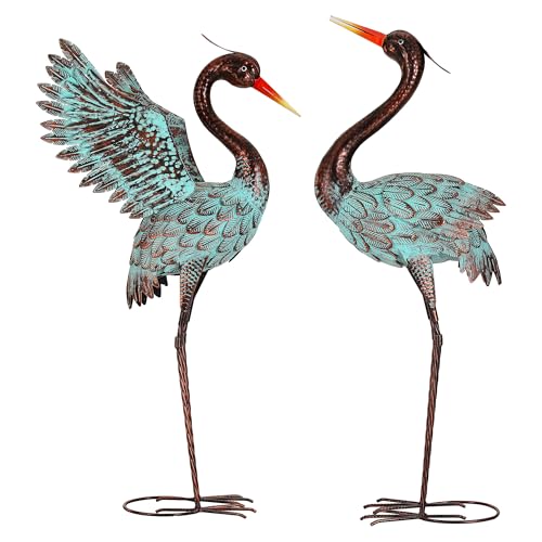 36.8" Extra-Large Blue Heron Decor, Handcrafted Metal Crane Statue with Stable U-Ground Stakes, Backyard Decoration, Metal Garden Bird Animal Yard Art, Lawn Ornament Decor - color: 36" -Distressed Patina Green