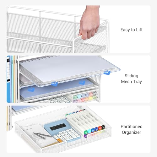 OPNICE Desk Organizer, 5-Tier Paper File Organizer with Drawer & Pen Holder, Office Desk Accessories, Workspace Desktop Organizer for Office Supplies(White) - color: White, size: 5-Tier