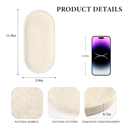 Koville Marble Vanity Tray for Decor, Natural Bathroom Tray for Bathroom Countertop, Stone Decorative Trays for Dresser Organizer, Storage Trays for Perfume, Jewelry Holder(Beige Yellow) - color: Moca Cream Media, size: 12" x 6" x 0.7"