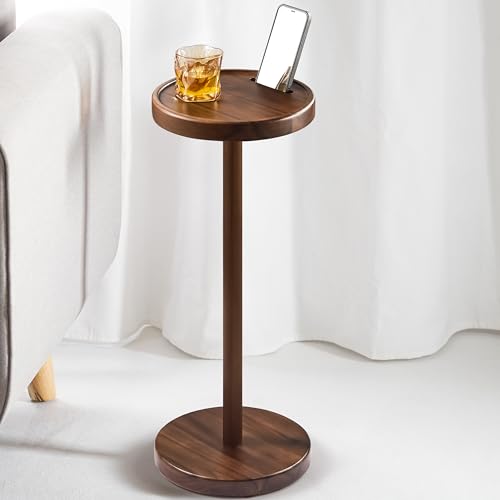 BLUEWEST Drink Table, 22" Tall Compact Side Table with Phone Slot and Weighted Base, Durable Pedestal Table Accent for Living Room (Flat, Walnut) - color: Walnut C