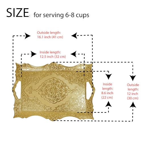 Large Gold Turkish Tea Coffee Serving Table Tray Decorative Home Decor Handles - Party Bar Outdoor Dresser Dessert Fancy Metal Rectangle Kitchen Brass Moroccan Bathroom Vanity Gift Tray