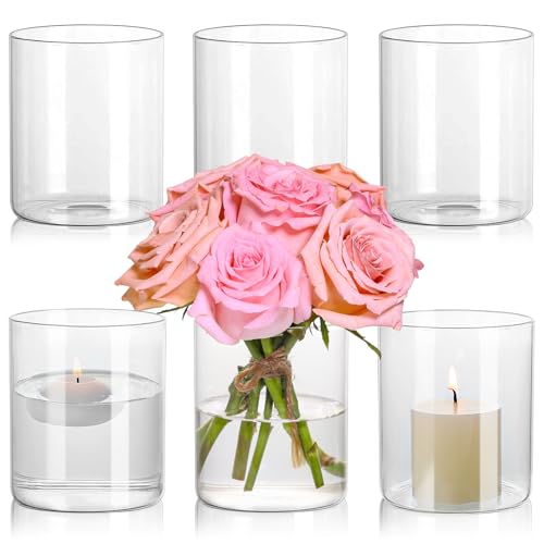 SUPMIND Glass Cylinder Vase Set of 6 for Centerpieces, 5 Inch Short Clear Flower Vases Bulk, Glass Hurricane Candle Holder for Table, Floating Candle Vases for Wedding Home Décor - size: 5" Height
