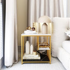 Giantex Side Table with Storage, 3-Tier End Table with Golden Polished Steel Frame Sofa Couch Table for Living Room, Modern Nightstand for Bedroom, Easy Assembly, Marble & Golden