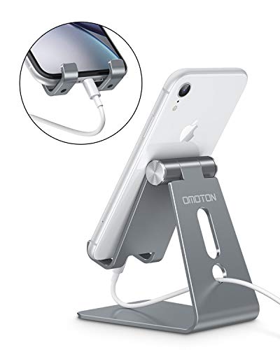 OMOTON Adjustable Cell Phone Stand, C2 Aluminum Desktop Phone Holder Dock Compatible with iPhone 15 14 13 Xs XR 8 Plus 7 6, Samsung Galaxy, Google Pixel, Android Phones, Grey - color: Grey