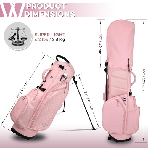 Luxury Womens Golf Bag, PU Leather Golf Stand Bag for Women/Ladies, 14-Way Full-Length Top Dividers, Ultra Lightweight, Large Pockets for Accessories - color: Pink