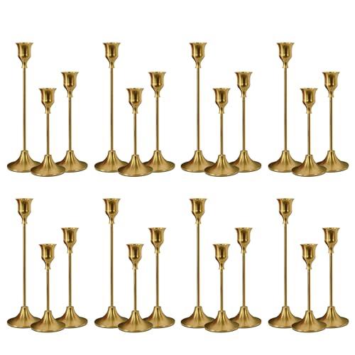 NLBTW Taper Candle Holders Bulk, Set of 24 Brass Gold Vintage Candle Sticks Holder Decor Home Decor Centerpieces for Table Festive Wedding Decorations - color: Brass Gold, size: 8 sets (24 pcs)