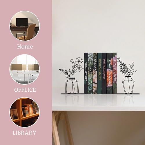 Cute Book Ends for Shelves - Decorative Flower & Vase Design, Heavy Duty Metal Bookends with Non-Slip Base - Novelty Gift for Book Lovers