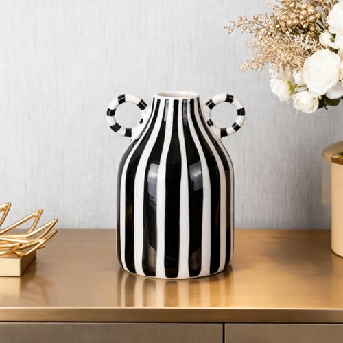 Black and White Ceramic Vase with Handle, Nordic Boho Small Vases Side Table Flower Centerpiece, Wide Mouth Single Flower Vase Pampas Grass Decorative - For Home Window Sill Living Dining Room Kitchen - color: Black and White