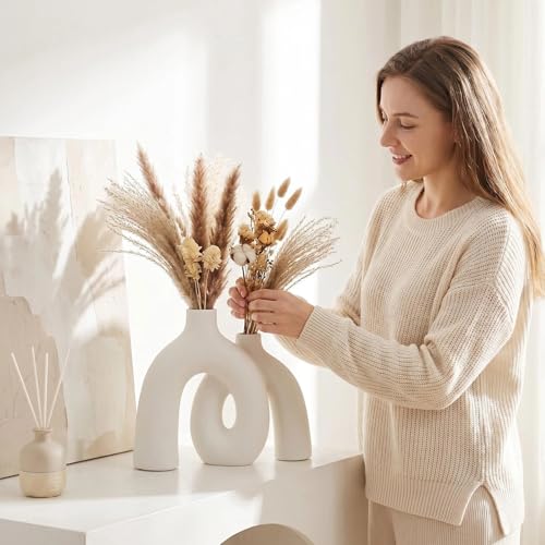 CEMABT Modern Nordic Boho Vase Set - Elegant White Matte Ceramic Home Decor for Living Room, Bookshelf, Mantel, Entryway Table & Console Décor | Shelf Decorations Gift - color: Ivory