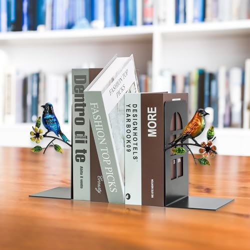 Metal Bookends, Decorative Book Ends for Shelves, Mother's Day Decor Nonskid Book Holder for Video Games/CD/DVD, Book Stopper, Black Mother's Day Decorations Gift - color: Birds Bookend