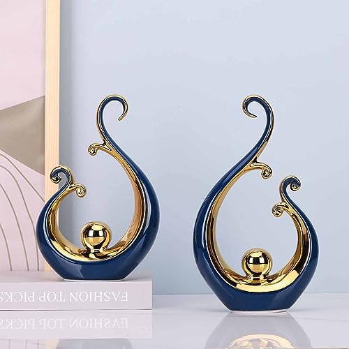 DOVDOV Ceramic Abstract Statues 2 Piece Set, Modern Art Deco, Blue and Gold Home Decor, Office Decor, Shelf Decor, Floor Mantle Decor, Coffee Table Decor Aesthetics. - color: 56-7