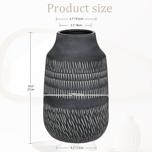 11" Rustic Farmhouse Vase with Linear Stripe, Antique Ceramic Vase Handmade in Pottery, Decorative Vintage Style for Home, Living Room, Shelf & Entryway Decor, Dark Gray - color: 11" Dark Gray