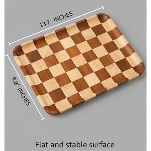 Rectangular Checkered Acacia Wood Serving Tray – Decorative Wooden Tray for Coffee Table, Snacks, and Food – Modern Wood Serving Tray for Kitchen, Dining, and Living Room Decor（13.7" x 9.8" x 0.6"）