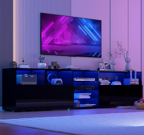 jiteentarou 79IN LED TV Stand for 75/80/85inch TV,High Glossy Modern TV Stand for Living Room,TV Entertainment Center with Adjustable Storage Shelf,RGB LED Lighting,TV Console(Black) - color: Black
