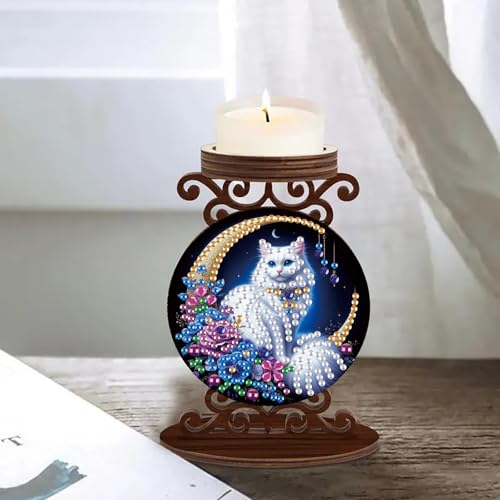 ARTopet DIY Diamond Art Painting Candlestick Holders Wooden Desk Candle Holder Ornament Double Sided Diamond Tabletop Ornaments for Home Decor-White Cat - color: White Cat