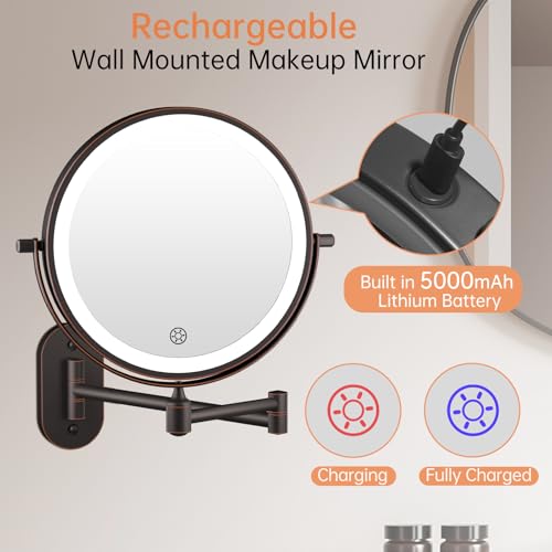 5000mAh Rechargeable Wall Mounted Lighted Makeup Vanity Mirror Double Sided 1X 30X Magnifying Bathroom Mirror, 3 Color Lighting, Touch Dimming, Extended Arm 360 Rotation Light up Mirror Antique Bronze - color: Antique Bronze