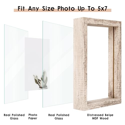 MUYE 5x7 Floating Frames Distressed Beige White Wood Pattern,Double Glass Picture Frame Display Any Size Photo up to 5x7,Wall Mount or Tabletop,2 Pack - color: Beige, size: 5x7