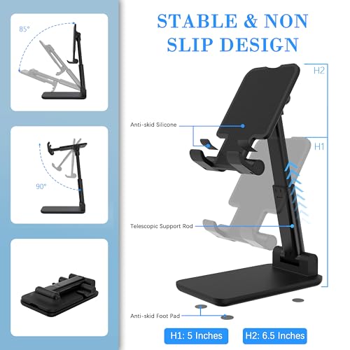 Cell Phone Stand, Adjustable Angle and Height Cell Phone Holder for Desk, Foldable and Portable, Anti-Slip Silicone Pad, Compatible with All Mobile Phones and 4-8 Inch Devices (Black&Black) - color: Black&Black