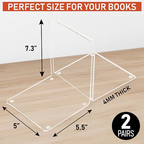 Acrylic Bookends, 2 Pairs of Clear Invisible Ends for Shelves, 4mm Heavy-Duty Non-Skid Holders for DVDs, CDs, Video Games, and Books. Stoppers for Home, Office, or Library Organization (Clear) - color: Clear