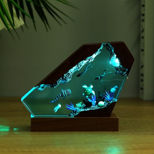 Ocean Creative Epoxy Resin Wood Light Lamp, Handmade Multi Color Aquatic Ocean Lamp Deep Sea Diver Cave Diving Enthusiasts Led Night Light Desktop Decor Christmas Birthday Gift (Ocean World, S) - color: Ocean World
