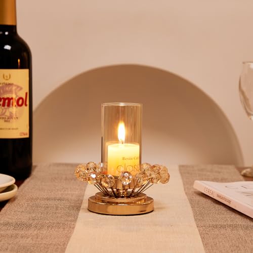 Hurricane Candle Holder, Gold Pillar with Crystal Accents & Windproof Glass Lid - Elegant Centerpiece for Weddings, Dinners, Party Decor - size: X-Small