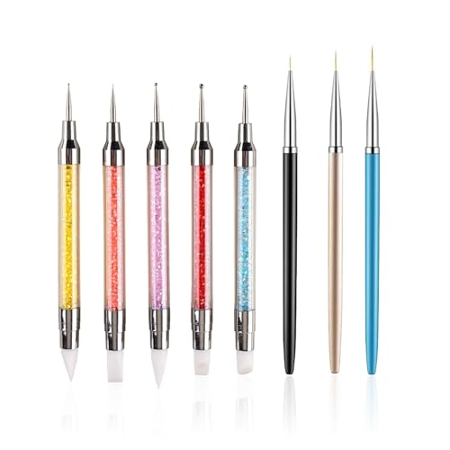 FULINJOY 8pcs Nail Art Design Tools, 5PCS Dual-Ended Nail Art Sculpture Pen Dotting Tools with 3PCS Nail Liner Brushes, Silicone Nail Polish Brushes Stainless Steel Carving Drawing Tool - size: 5+3 PCS