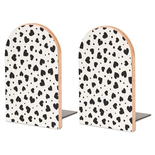 Wooden Bookends 2 Pcs,Black Hearts and Cute Dots Heavy Duty Office Book Ends Anti Slip Book Shelf Holder with Metal Base Decorative Book Stands - color: Black Hearts and Cute Dots