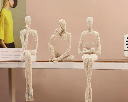 Gold Home Decor Thinker Statue Accents, Set of 3 Thinker Sculptures Office Decor Modern Abstract Resin Decoration on Shelf Table Desk for Living Room Office Bedroom Bookshelf Decor (Large Sandstone) - color: Sandstone, size: Large