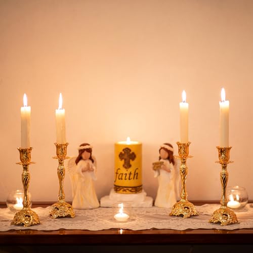 Sziqiqi Gold Candlestick Holders Set of 2 Taper Candle Holders Deluxe Ornate Candle Holders for Shabbat Taper Candles, Candle Centerpiece, Wedding Candles, Christmas Candle 7.4inch - color: Gold