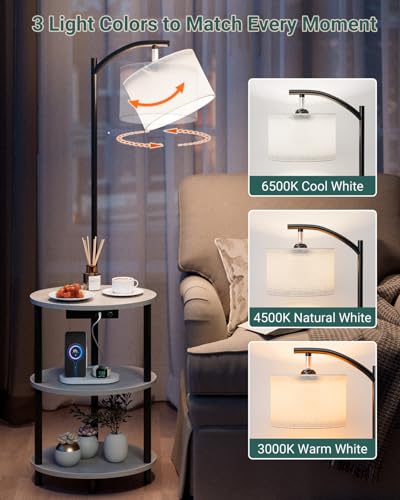 Round Side Table with Lamp and USB Ports, 3-Tier Small End Table for Living Room & Bedroom, Rustic Wood Metal Nightstand for Small Spaces, Easy to Assemble, Greige - color: Greige, size: 1-Pack, style: Built-in Charging + Lighting