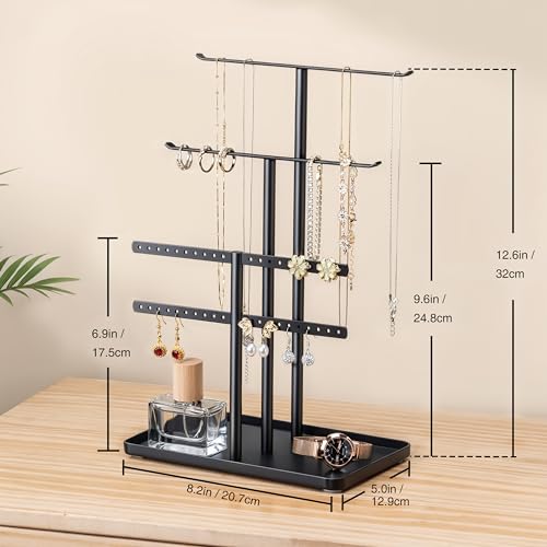 pickpiff Jewelry Stand Organizer, 12.5" Tall Sturdy Metal, 3-Tier Jewelry Holder for Necklace, Earring, Bracelet, Ring, Hanger for Display and Storage, Aesthetic Room Decor, Black - color: Black, size: 12.5" Height