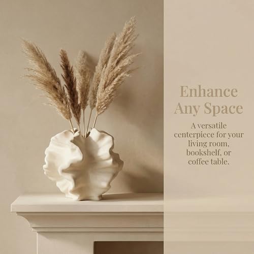 Cedilis Off White Ceramic Flower Vase, 6 Inch Decorative Aesthetic Pampas Grass Textured Vase for Table, Shelf, Mantel, Entryway, Modern Home Decor, Coral-Like