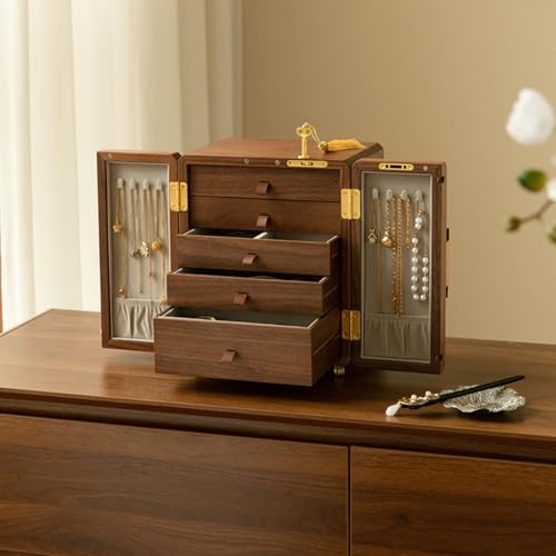 KINTNESS Wooden Jewelry Box With Key, 5 Layers Lockable Large Jewelry Organizer for Women Girls, Walnut Texture for Bracelet, Necklace, Ring, Valentines Gift for Women - style: Four-Leaf Clover Handle Design