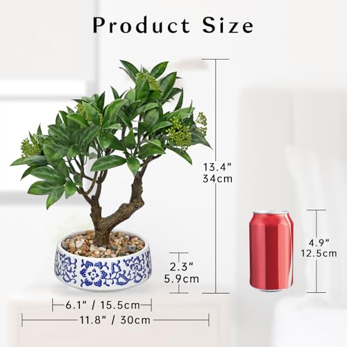 Artificial Bonsai Tree, Small Bay Laurel Bonsais Tree 13" Indoor Bonsai Trees Fake Potted Plant Decorative Fake Desk Plant Decor with Blue & White Ceramic Pot for Home Office Living Room Table Shelf - style: Modern