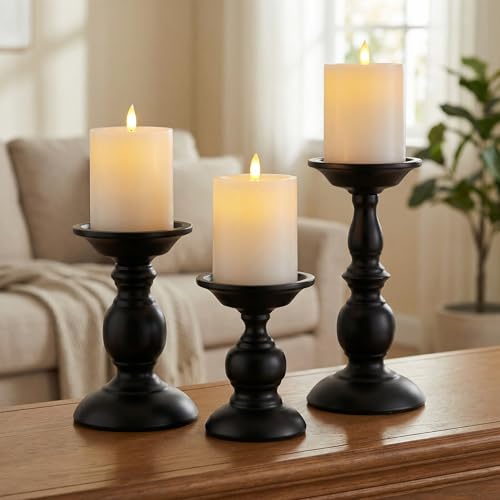 Black Pillar Candle Holders Set of 3, Vintage Candle Holder for Table Centerpiece & Fireplace Decor, Decorative Antique Candle Stand for Dining & Living Room Decoration