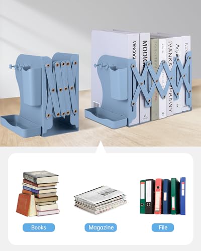 Honagu Adjustable Bookends, Metal Book Ends for Shelves Heavy Book, Bookend for Home, Office, Books, Papers, Book Stopper with Removable Hook, Pen Holder, Gifts for Students, Teachers（Dark Blue） - color: Dark Blue