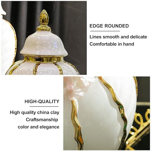 Ginger Jar, White Gold Ceramic Vase Large Handmade Porcelain Vases with Lid, White Gold Decorative Flower Vase for Home, Living Room, Weddings, Centerpieces (14in with Lid) - size: A-Gold-Medium